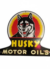 Single face Husky Motor Oil Sign in Porcelain. 14" H x 12" W