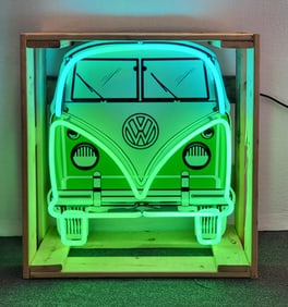 VW Bus Neon Sign, Green and White, Glass Tubing. 24"H X 20"W