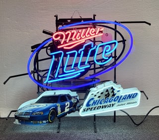 Miller Lite, Chicago Land Speedway Neon Sign, Blue and Red, Glass Tubing.