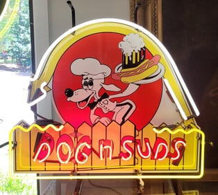 Dog n Suds Neon Sign, White, Yellow and Orange, Glass Tubing. 23" H x 26" W