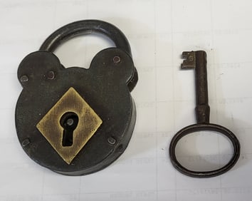 Rare iron and brass padlock with original key