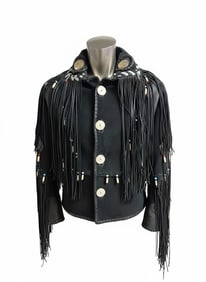 Mens black suede and leather jacket decorated with beading. Size Large