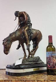 End Of The Trail After James Fraser, Highly detail on exhibition tricolor marble base. 21" H x 19" W