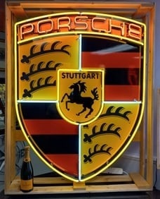 Large Porsche Neon DEALERSHIP SIGN with shield logo, wired for outdoors.  48"H x 36"W