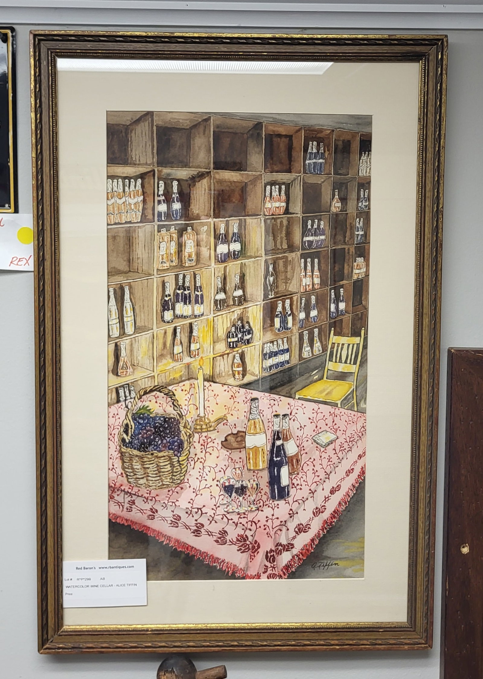 Watercolor Wine Cellar by A. Tiffin framed behind glass. 25.5" H x 16.5" W: Watercolor Wine Cellar by A. Tiffin framed behind glass. 25.5" H x 16.5" W