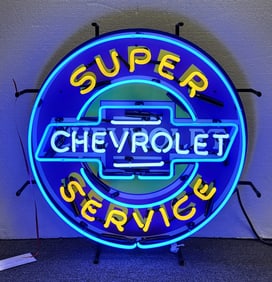 Super Chevrolet Service Neon Sign, Two Blue tones and Yellow, Glass Tubing. 24" Diameter