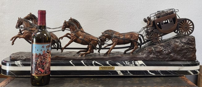 Stagecoach By Charles Russell, Cast bronze on exhibition tri color marble, a true work of art. 13" H