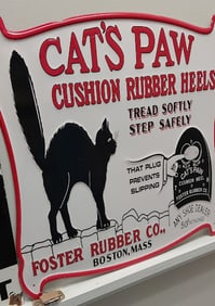 Cat's Paw Cushioned Rubber Heels Red and White tin advertising sign Foster Rubber Company Boston