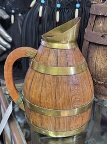 Small Vintage French Wooden Measuring Pitcher with Banded Brass. 8" h x 7" w x 4" d