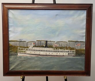 Oil on canvas "Homer Ramsdal" Riverboat. Bears signature W.G.F. 1943 28"h x 18"w x 29"d.