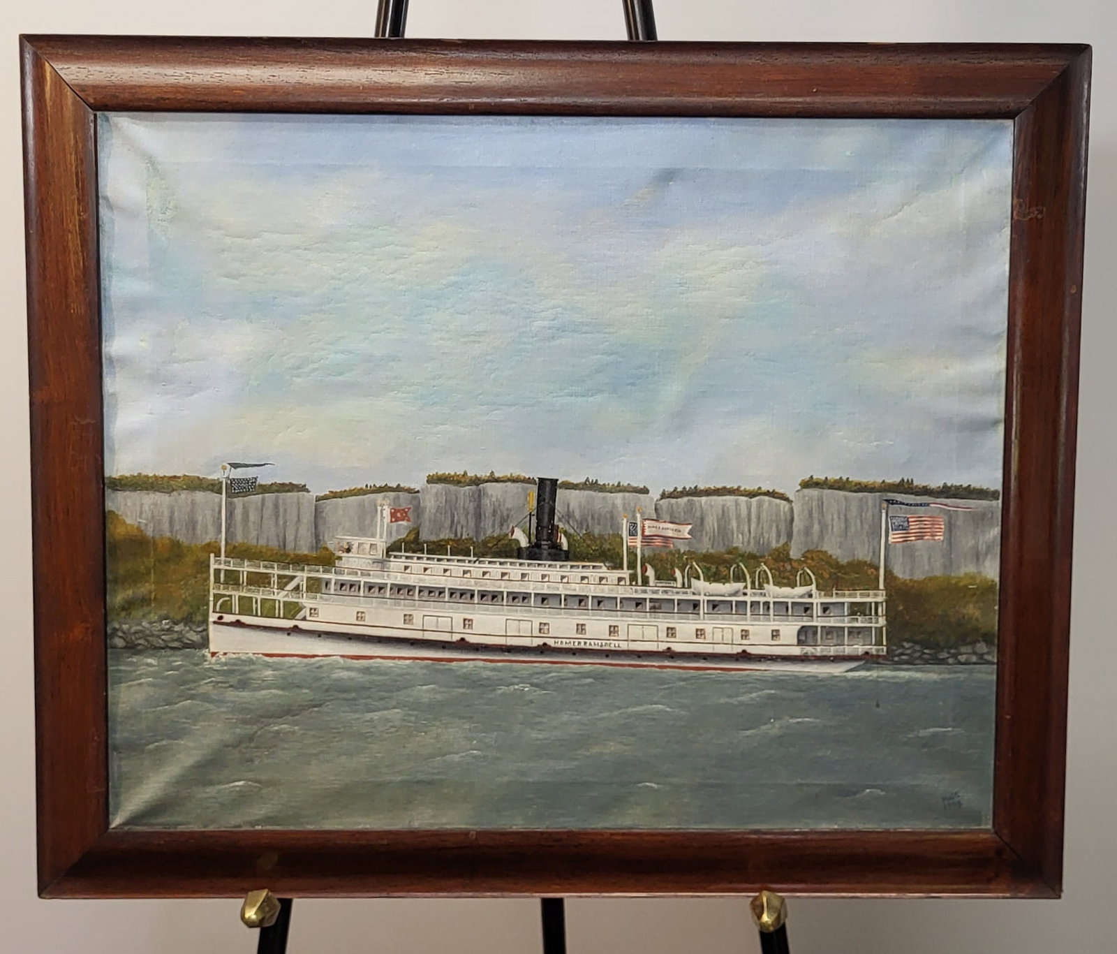 Oil on canvas "Homer Ramsdal" Riverboat. Bears signature W.G.F. 1943 28"h x 18"w x 29"d.: Oil on canvas "Homer Ramsdal" Riverboat. Bears signature W.G.F. 1943 28"h x 18"w x 29"d.