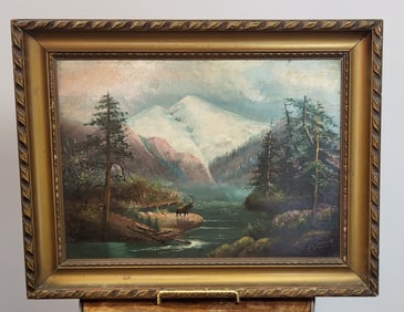 Oil on board mountain scene with Elk,  bears signature FI Clark. 18"h x 23"w
