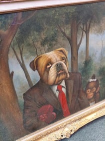 Framed artwork of a dog in a man's suit with a monkey sidekick. 33'H x 40"W