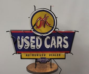 OK Used Cars Dealership Neon Sign, blue red and white glass neon tubing, Authorized Dealer
