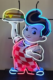 Big Boy Neon Sign, Glass neon tubing with the character standing holding a burger, Yellow, Blue and