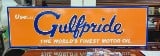 Gulfpride Sign embossed orange background with blue lettering on tin. 12" H x 42" W
