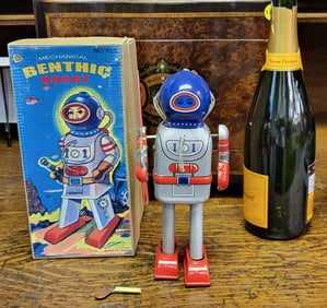Benthic Robot Tin Metal Blue Red Robot Figure Wind-up, In Box