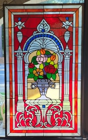 Stained Glass window with flowers in an urn.  35"H x 21"W