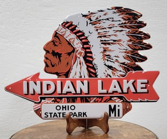 Ohio State Park, Indian Lake, embossed tin brown, red and white sign. 12"H x 17" W