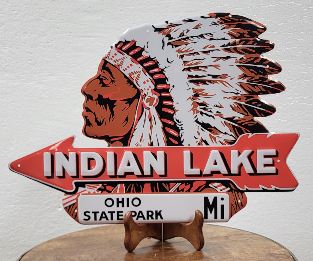 Ohio State Park, Indian Lake, embossed tin brown, red and white sign. 12"H x 17" W (1 of 1)
