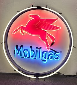 Mobilgas Pegasus Neon Sign, Red, White and Blue, Glass Tubing. 37" Diameter