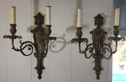 A pair of vintage French Louis XVI style  2 arm bronze sconces.