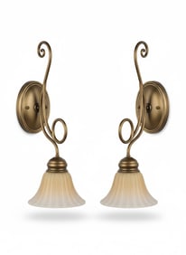 Wall sconces a pair of French vintage single arm bronze wall sconces with frosted glass shades.