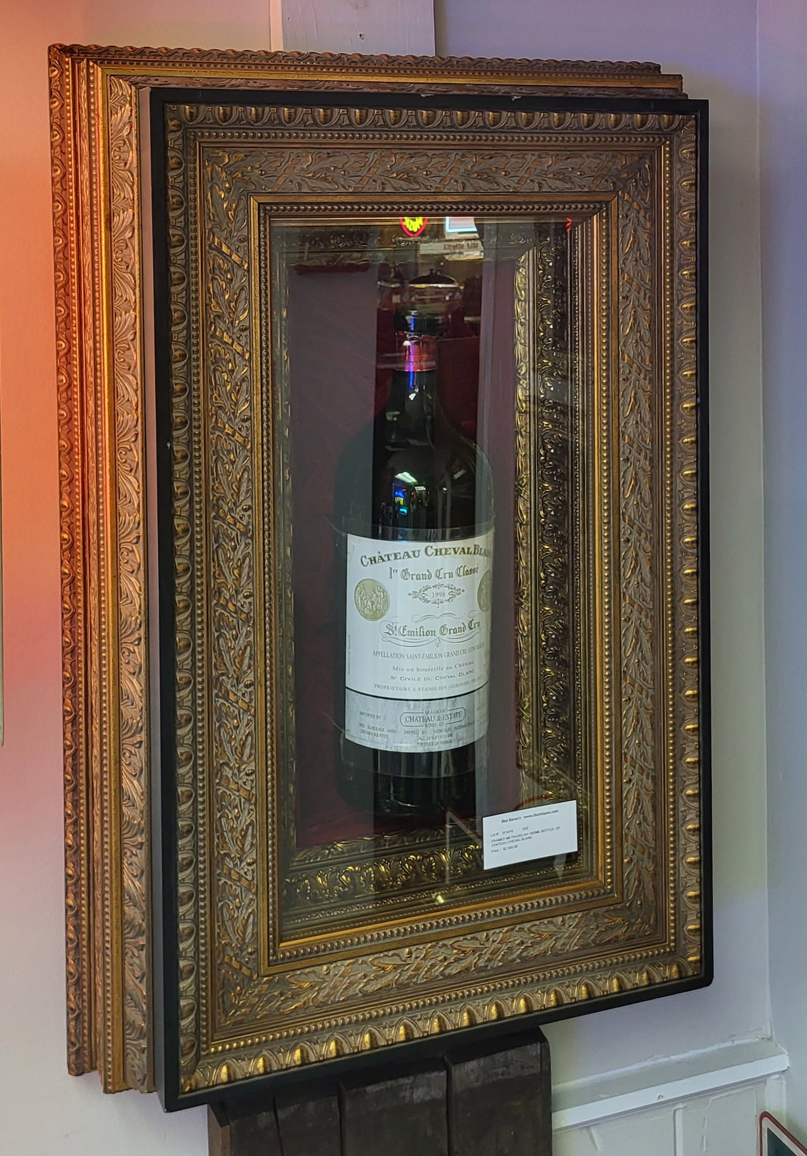 Framed Château Cheval Blanc Methuselah (6 liters) Bottle. This would equal the amount in 8 standard: Framed Château Cheval Blanc Methuselah (6 liters) Bottle. This would equal the amount in 8 standard size wine bottles. 39"h x 27"w x 9"d