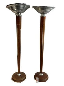 Burl walnut and chrome tall Art Deco torchiere floor lamps. 6' H x 21" D Shade x 15" W Base