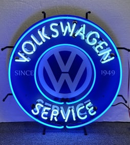 Volkswagon Service Neon Sign, Blue and White, Glass Tubing. 24" Diameter