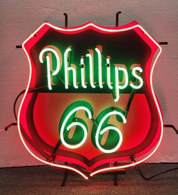 Phillips 66, Gas station sign, Red and Green, Glass Tubing. 25" H x 25" W