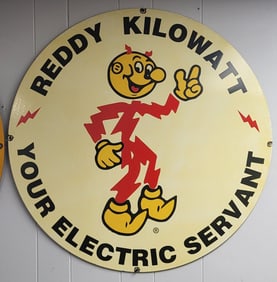 Reddy Kilowatt Electric Servant Porcelain Enamel Sign, 32" Diameter