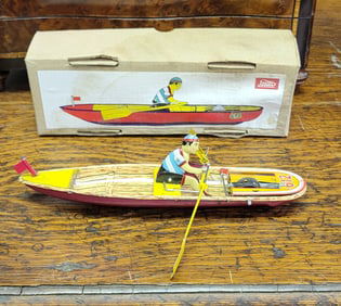 Wind-Up Man Rowing Boat Tin Toy in Box