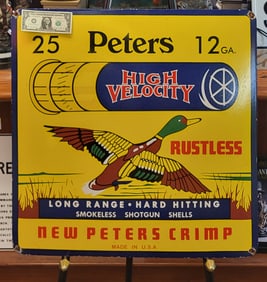 Vintage 25 Peters High Velocity Enamel advertising sign with duck in flight