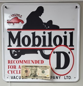 Mobil Oil motorcycle oil sign on a white background and embossed edges, black and red lettering. 15"