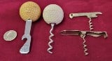 Four Cork and Bottle Openers, Two Golf ball Handles and Two Metal Handles. From 4" L to 3 " L