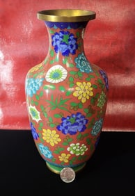 Cloisonne vase in blue, orange and yellow. 10.24" H x 5" W