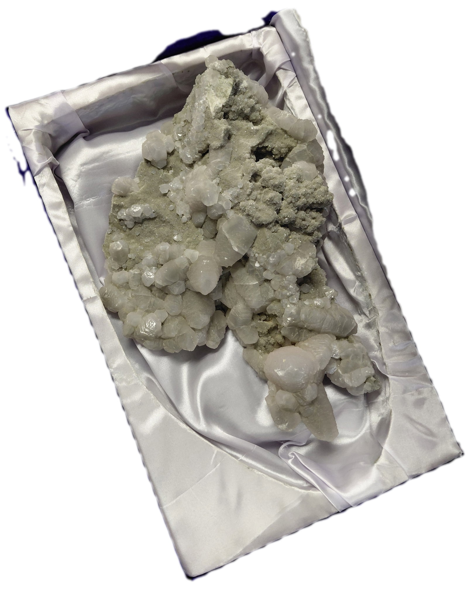 Large Calcite/Pyrite on Quartz in Blue Velvet Display Case.: Large Calcite/Pyrite on Quartz Cluster in Blue Velvet Case. 4"H x 14"W x 8"D