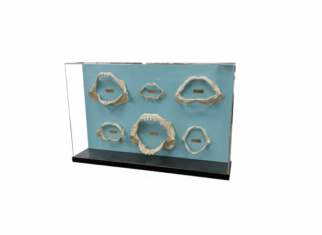 Large Display of 6 Shark Bones with Title: 6 Shark bones labeled and in Acrylic Display Case. 30" H x 50"W x 9"D