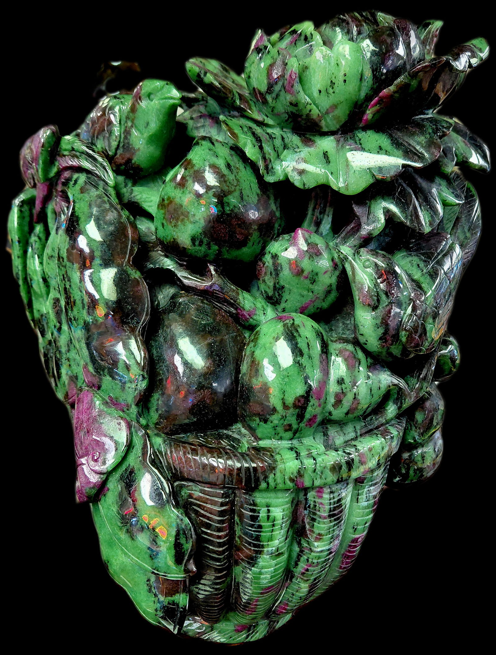 Ceremonial Carving: Zoisite and Ruby Included in Fruit and Floral Basket. 11"H x 9"W x 4"D: Zoisite with Ruby Inclusions Statue/Carving. Floral and Fruit Basket. 11"H x 9"W x 4"D
