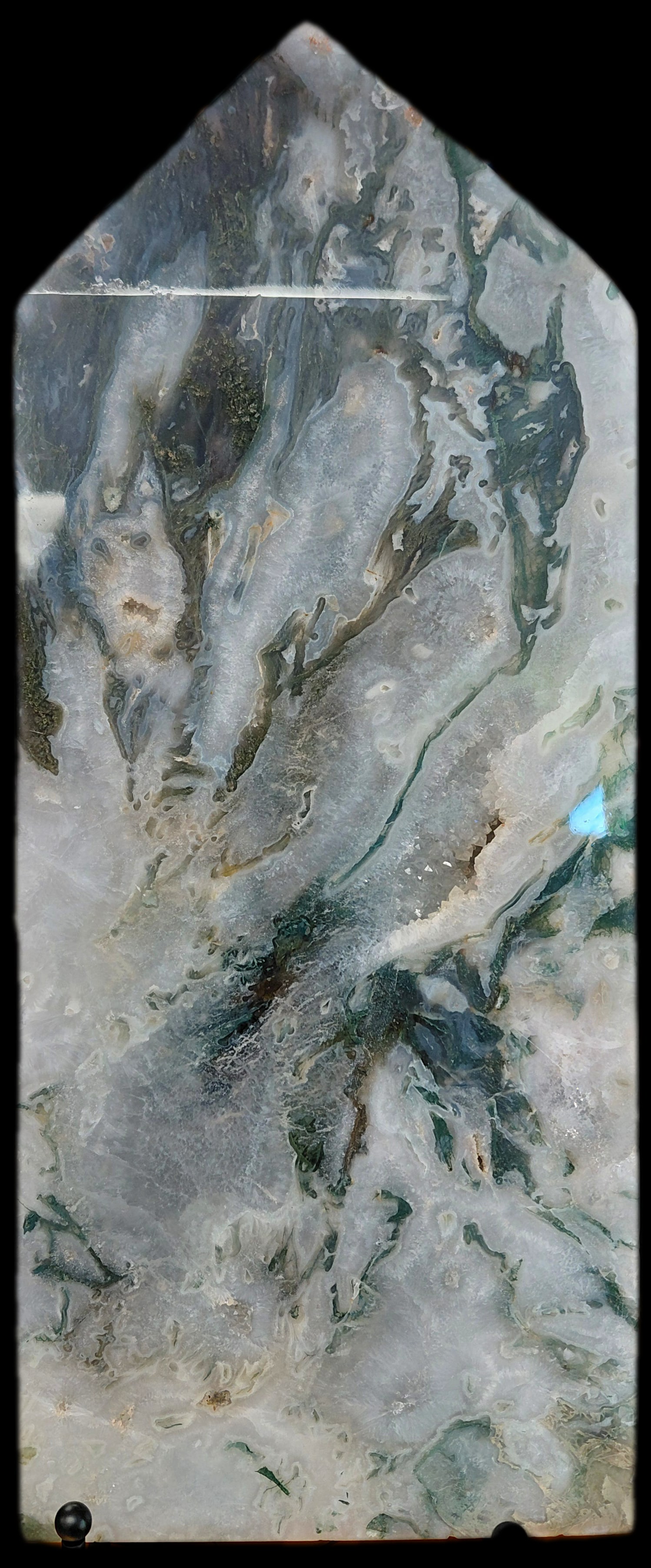 Moss Agate: Moss Agate. 14" H x 6" W x 1.5"D.