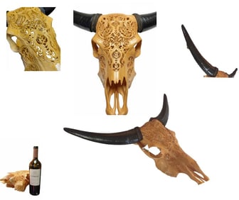 Steer Head with Carved Design on Skull. 5"H x 25"W x 14"D