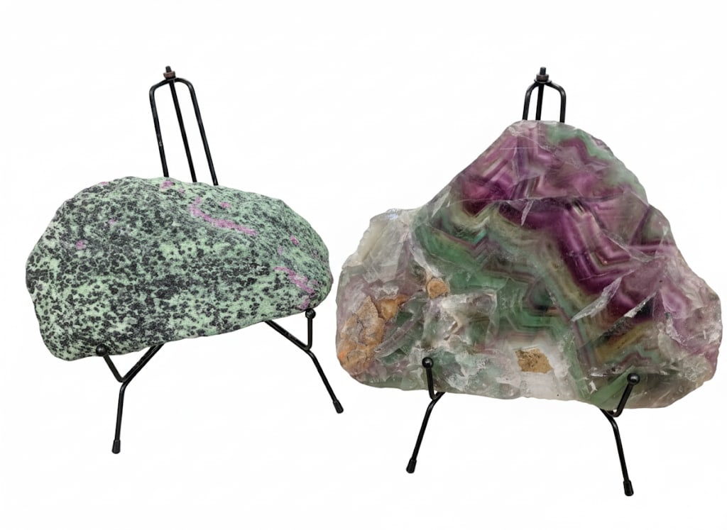 2 Natural formations. 1) Agate (Purple and Green) and Rock formation. 7"H x 9"W x2"D: 2 Natural Crystal Formation Rovks and Polished Stone. 7"H x 10"W x 2"D