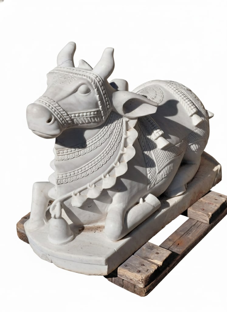Carved White Marble Statue of Sacred Cow Nandi: White Marble Carved Statue on of Sacred Cow in Sitting Position. Hand-carved Nandi sculptures 31"H x 18"W x 40"D