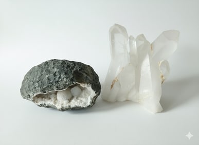 2 Clear Quartz Items: Rock and Crystal Formation-Geode Might be Calcite and Right is Milky and Clear