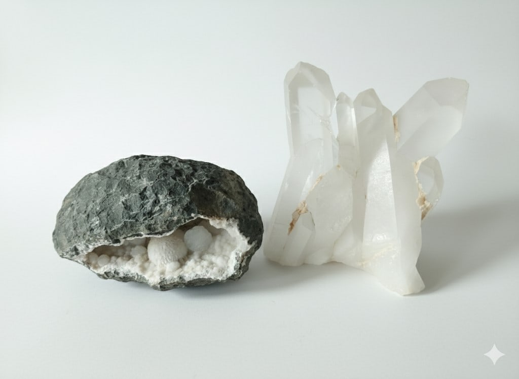2 Clear Quartz Items: Rock and Crystal Formation-Geode Might be Calcite and Right is Milky and Clear: Lot of 2 Clear Crystal Formations 1) On left: Rock with Milky White Geode 2) Right: Clear, White Quartz Crystals : Larger: 7"H x 6"W x 5"D