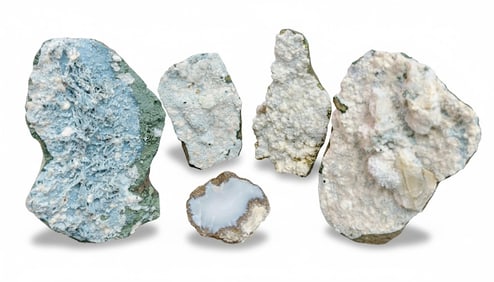Group Lot of 5: Calcedony & Agate Exposed Open Rocks and Geode- Blue & White.