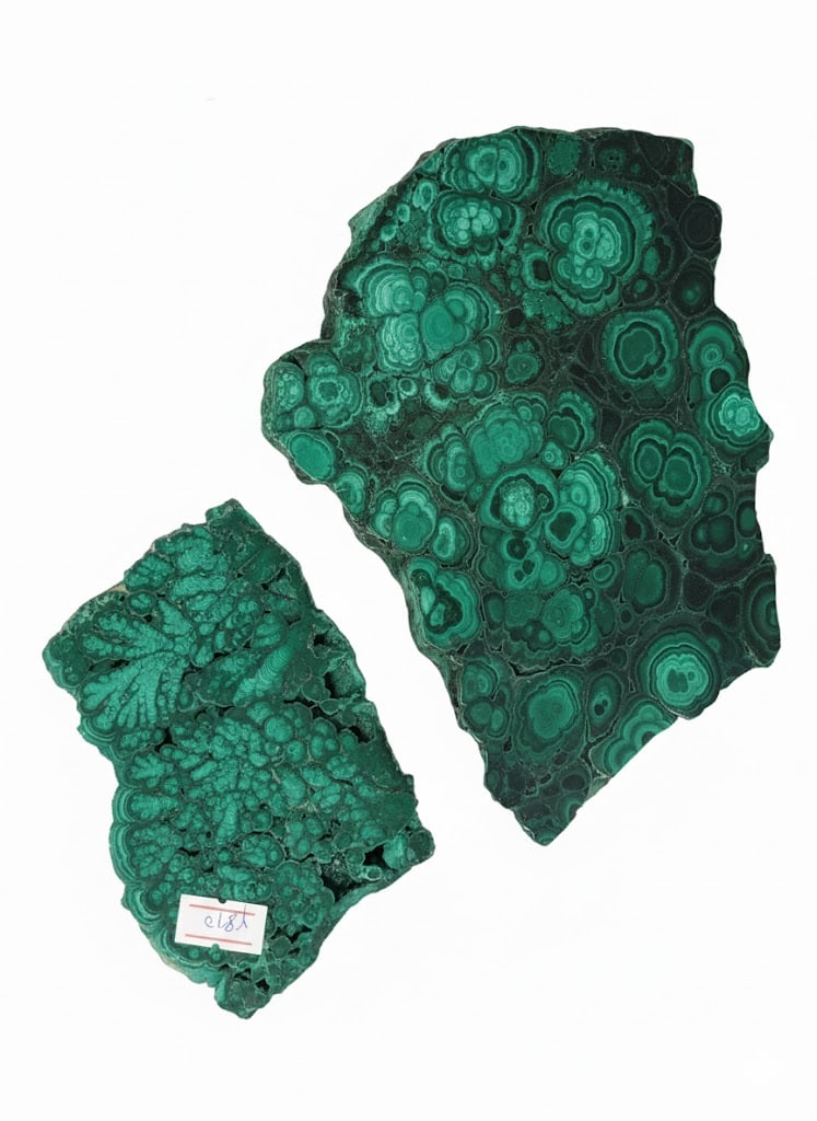 Polished Slab (2) of Malachite Stone- 2Pcs.: Polished Slab of Malachite Stone (2 Pcs). Largest: 8"H x 6"W x 2"D.