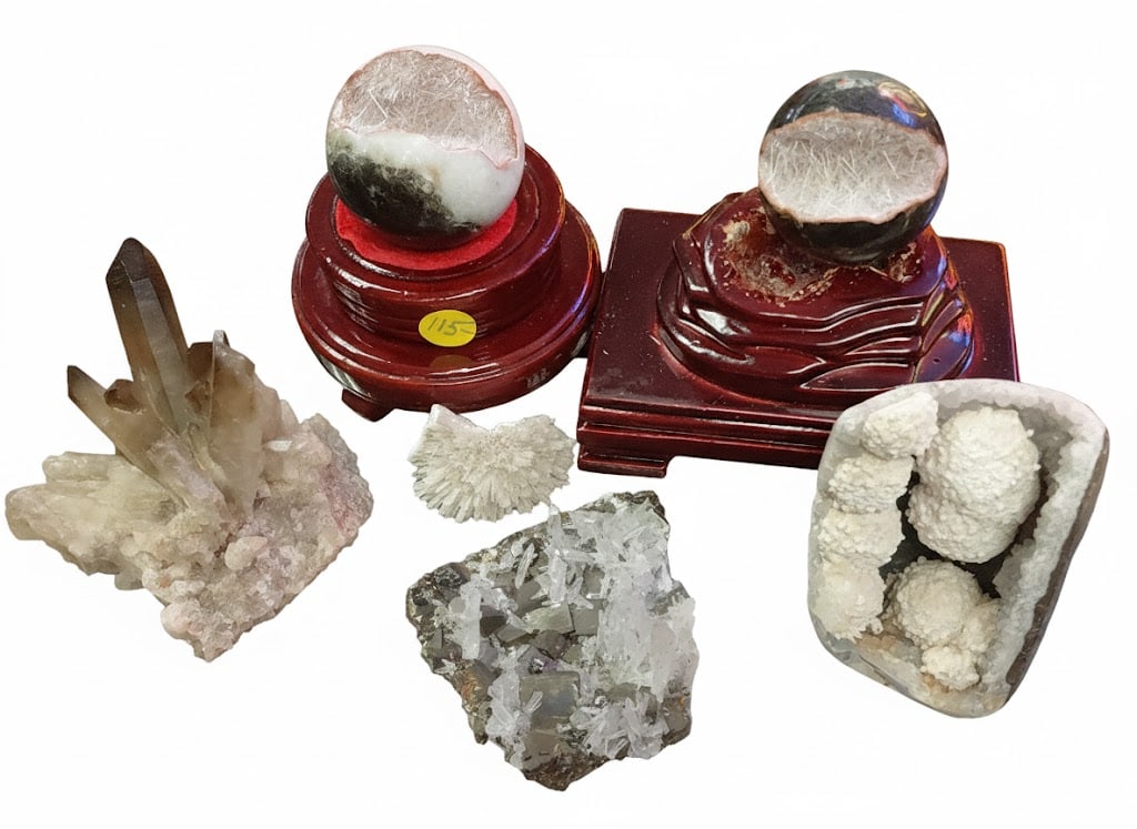 Group of (5) 2"-4" Crystal & Rock Items Including: Crystal Spheres, Cave Crystalline and Rock: Group of Spheres, Crystal Formations, Cave with Crystalline Balls, Exposed Quartz. Ranging in SIze (Smaller 2"-4") with Display Stands in Photo. Measures: 2-3"