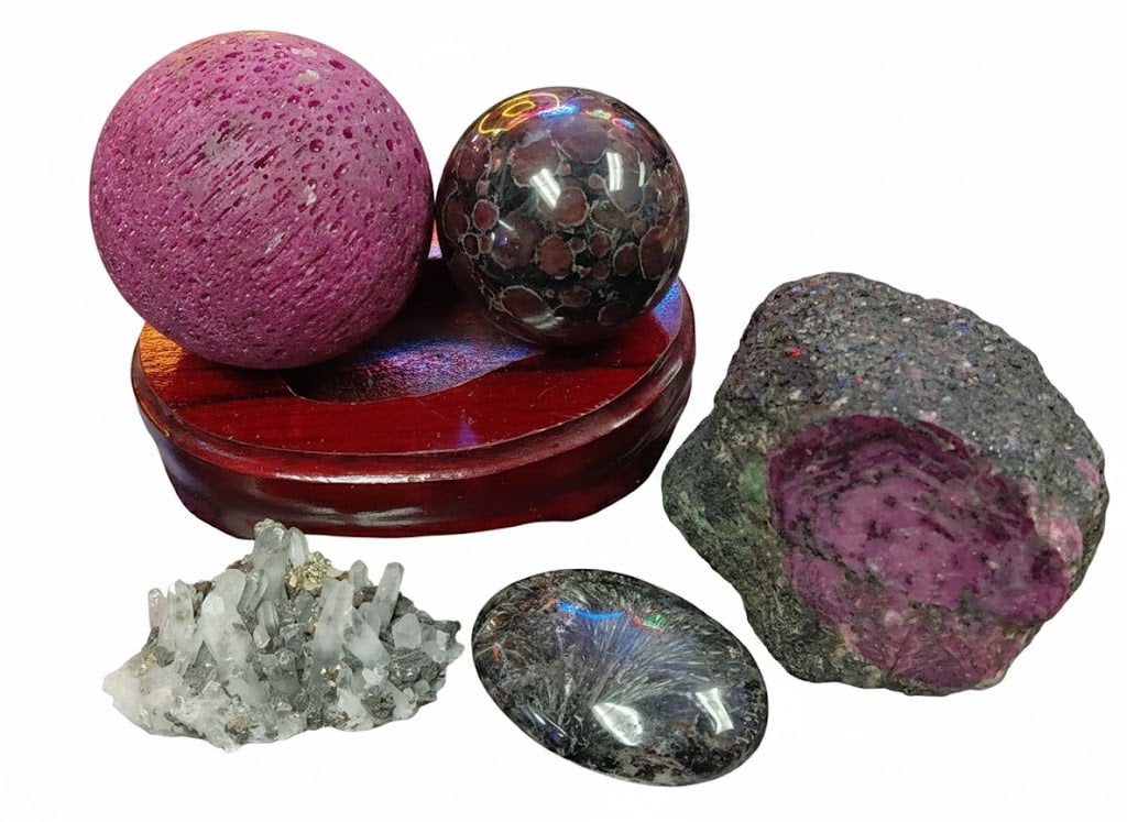Group of (5) Ruby in Zoisite Spheres & Raw Specimen, Quartz Cluster, Polished Cabochon: Group of Ruby in Zoisite Spheres & Raw Specimen, Quartz Cluster, Polished Cabochon: Largest of Group Measures: 4"H x 4"W x 3"D